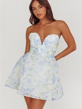Mika and Gala Deep Sweetheart Strapless Blue Floral Mini Dress Size Small